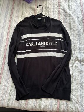 Karl Lagerfeld Black & White Striped Logo Crewneck Sweater